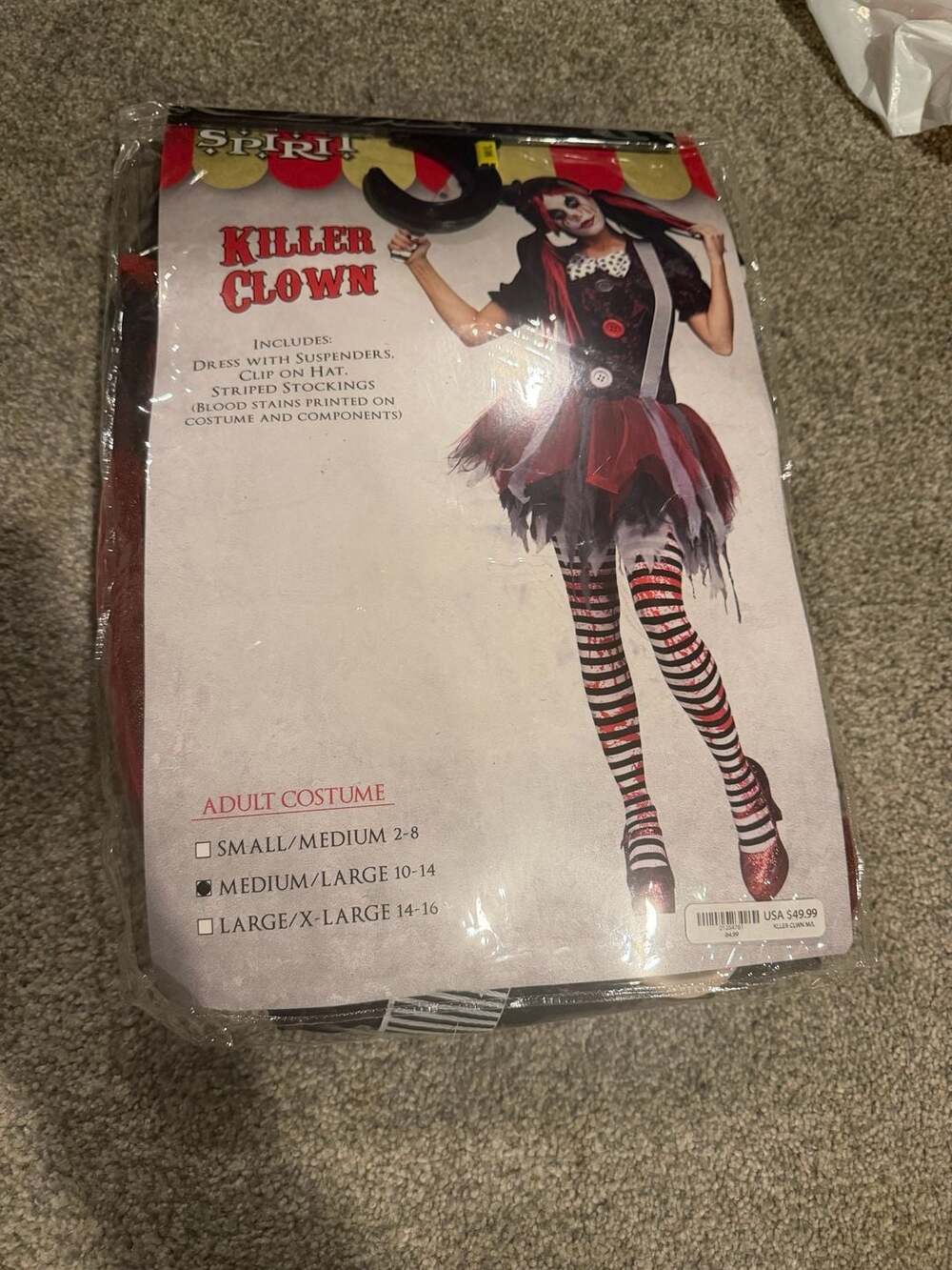 Spirit Halloween Killer Clown Costume Medium/Large 10-14 Adult